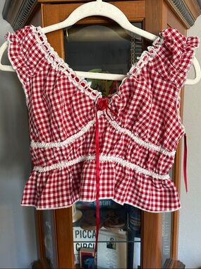 Cider Red Gingham Ruffled Crop Top with White Lace Trim